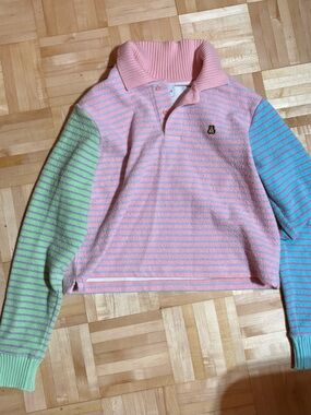 Teddy Fresh Pink and Light Blue Striped Polo Sweater with Bear Patch